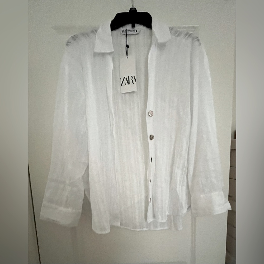 NWT Zara White Sheer Long Sleeve Blouse XS